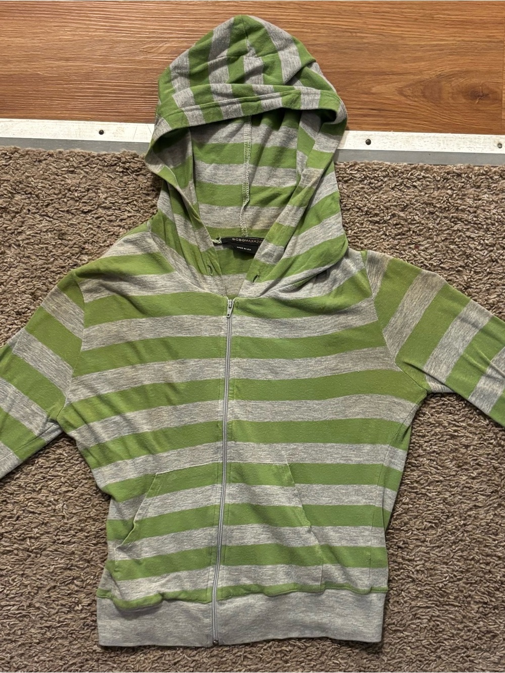 BCBGMAXAZRIA Womans XS Full Zip Green/Gray Striped Hoodie Gently Used